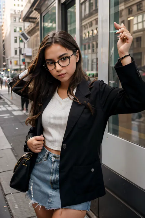 Raise a girl Young people with glasses Getting on the bus on Wall Street, bem realista, alta qualidade