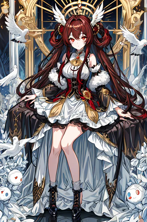 tmasterpiece,(Best quality),The content is very detailed,ultra - detailed, Cold, Alone, (1 busty girl), 詳細な目, Sparkling golden eyes, (longliverhair), face expressionless, (longer sleeves, Fluffy sleeves),, (heavy metal:1.2), (Metal jewelry), Crossover lace...