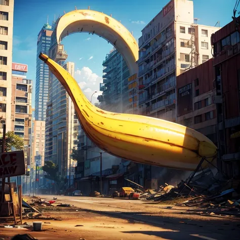 Banana factory with a giant banana sign in a wasteland