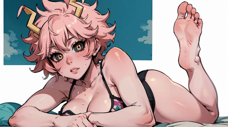 (best quality:1.3), (4k quality), 1 mature woman, Mina Ashido by boku no hero, ((Detailed face)), (blush), showing her sweaty bare feet