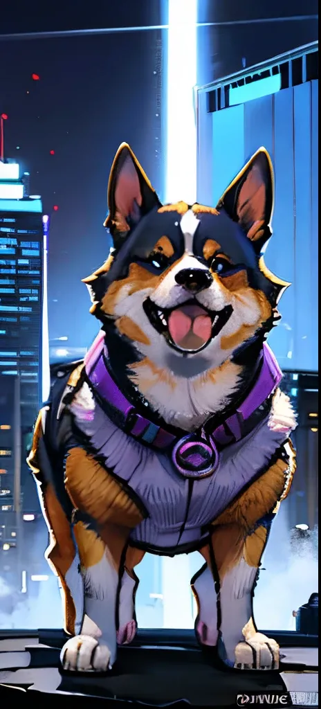 arafed corgi dog with purple and blue fur standing in front of a city, furry character portrait, fursona art, detailed digital painting, high quality portrait, anthropomorphic shiba inu, adorable digital painting, digital painting highly detailed, realisti...