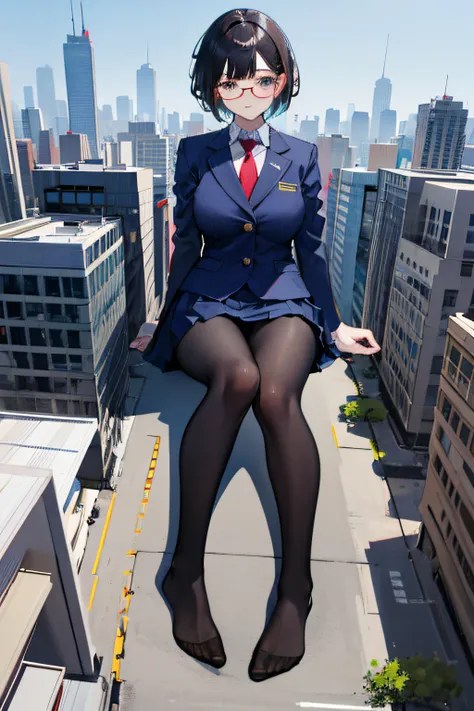 giantess art, a hyperrealistic schoolgirl, , highly detailed giantess shot, der riese, Shorthair, Black pantyhose, Giant high school girl that exceeds a skyscraper。Wearing rimless glasses。Colossal tits。Navy blue blazer、Red tie、Mini Length Skirt、Black panty...