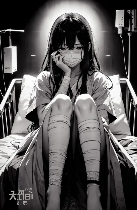 in the style of chi no wadachi, manga style, a young woman sitting up in a hospital bed covering face, wearing medical mask, wea...