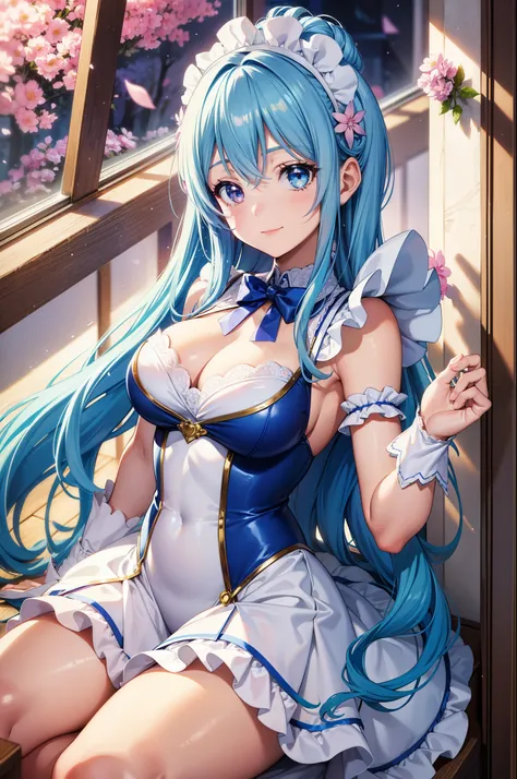 Super Idol　A beautiful girl in a sparkling maid cafe　A charming smile　sky blue hair　length hair　Twin-tailed　A bright forest cafe surrounded by lots of flowers　Sunlight is shining in　Sparkling pink and white maid uniform-style leotard　facing front