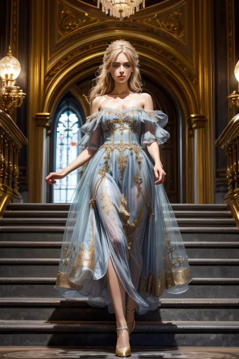 (Best Quality, High Resolution: 1.2), Ultra-detailed, Realistic: 1.37, young woman running down the palace stairs, loses his shoe, beautiful detailed golden hair, blue ball gown, beatiful face, facing the camera, frontal view, illustartion, fairytale, Magi...