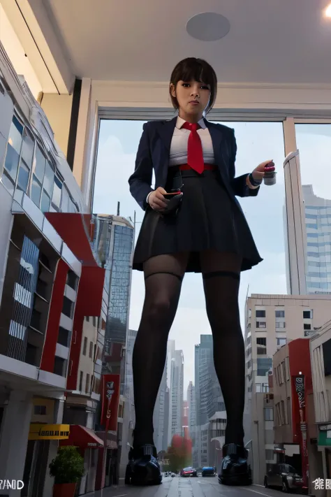 giantess art, a hyperrealistic schoolgirl, , highly detailed giantess shot, der riese, Shorthair, Black pantyhose, Giant high school girl that exceeds a skyscraper。Wearing rimless glasses。Colossal tits。Navy blue blazer、Red tie、Mini Length Skirt、Black panty...