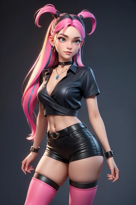 1girl, teenager, solo, (Inigo blue two-tone hair, one pink streak, waist length very very long straighthair: 1.15), shy face, (half lidded eyes: 1.21), necklace, clear perfect skin, jewelry, realistic, medium breasts, simple background, looking away, (tigh...