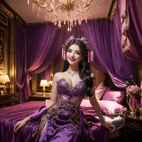 ((top-quality、masutepiece、8K、Top image quality、Highly complex and detailed depictions))、(the most gorgeous courtesan goddess:1.1)、((The most gorgeous prostitute goddess huge costume、The most vivid and luxurious Chinese costumes、big long chinese goddess cos...