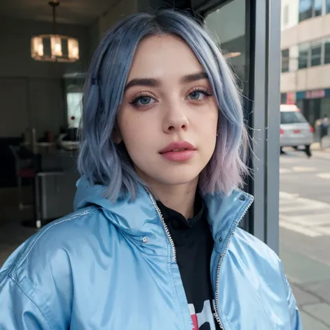 Billie Eilish, gloss lipstick, eyeliner, eyeblush, cheekblush, pretty, cute, adorable, bob lob, age 30, light blue premium jacket, winking eye