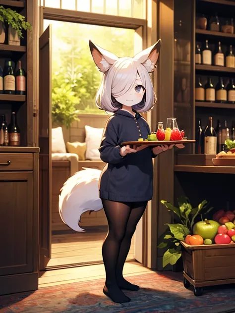 HDR, Excellent quality, 1. A  girl, (standingn:1.4) , tray in hand, there is one bottle and fruit on the tray, (pantyhouse:1.3), (no shoes):1.2, petite curvy loli,one eye covered,  Fox ears, Foxtail, short tail, One Tail, with a beautiful face, ssmile, pub