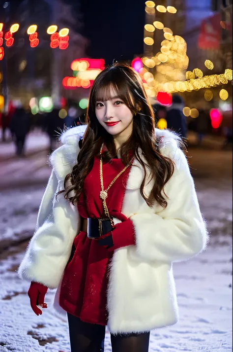 beautiful 20 year old chinese, wearing a white/red  long fur coat standing in the in the cold, snowy street of Moscow Russia, full body shot, the busy night life with a beautiful smile while enjoying the Christmas atmosphere, cafe, xmas lightings, cinemati...