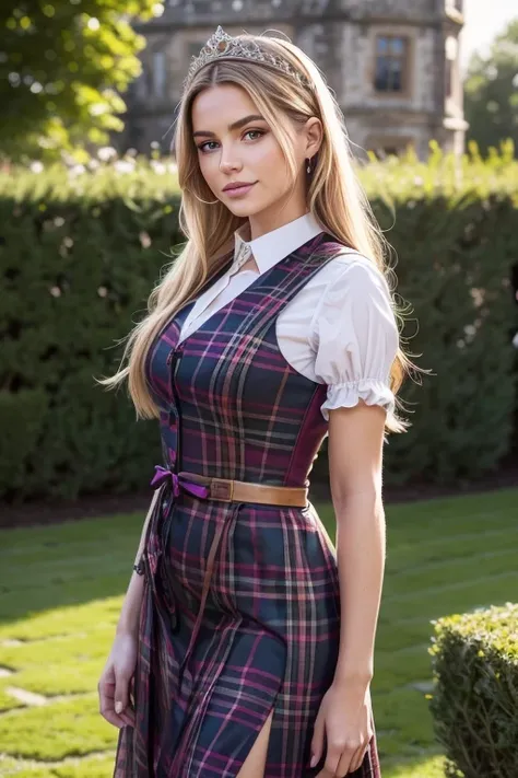 desde arriba. retrato de una hermosa mujer rubia europea, Age 23 years, cabello ondulado. ella es modelo de la revista playboy. He has a subtle smile and flirts with the camera., ( she is standing in the garden of a 17th century Scottish castle.:1.2),(She ...