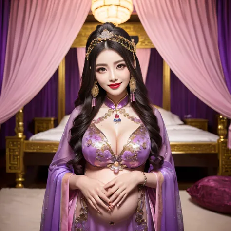 ((top-quality、masutepiece、8K、Top image quality、Highly complex and detailed depictions))、(The most gorgeous Chinese prostitute goddess:1.1)、pregnant goddess、((The most gorgeous prostitute goddess huge costume、The most vivid and luxurious Chinese costumes、bi...