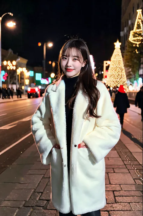 beautiful 20 year old chinese, wearing a white/black long coat standing in the distance in the street of Moscow Russia, full body shot, the busy night life with a beautiful smile while enjoying the Christmas atmosphere, cafe, xmas lightings, cinematic ligh...