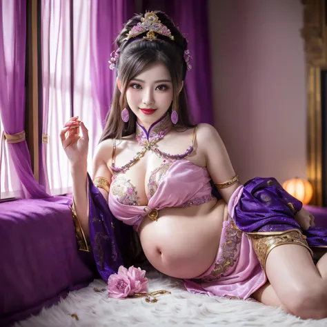 ((top-quality、masutepiece、8K、Top image quality、Highly complex and detailed depictions))、(The most gorgeous Chinese prostitute goddess:1.1)、pregnant goddess、((The most gorgeous prostitute goddess huge costume、The most vivid and luxurious Chinese costumes、bi...