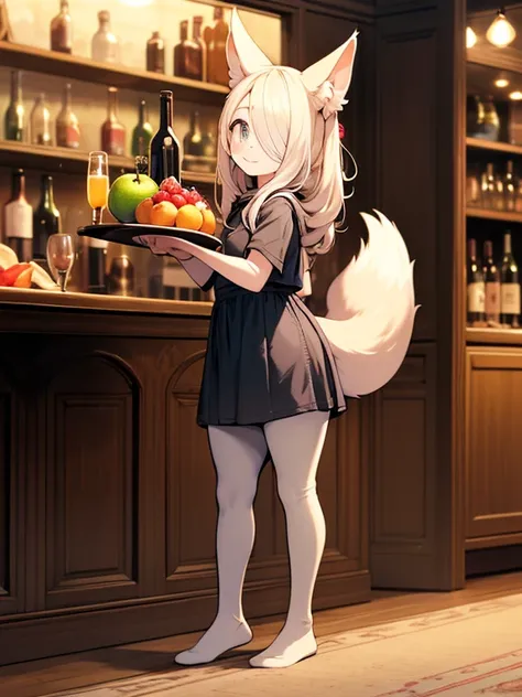 HDR, Excellent quality, 1. A  girl, (standingn:1.4) , Tray in hand, there is one bottle and fruit on the tray, (pantyhouse:1.3), (no shoes):1.2, petite curvy loli,one eye covered,  Fox ears, Foxtail, One Tail, with a beautiful face, ssmile, pub