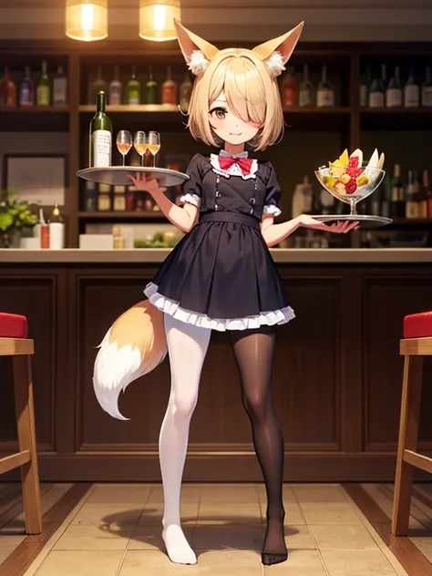 HDR, Excellent quality, 1. A  girl, (standingn:1.4) , Tray in hand, there is one bottle and fruit on the tray, (pantyhouse:1.3), (no shoes):1.2, petite curvy loli,one eye covered,  Fox ears, Foxtail, One Tail, with a beautiful face, ssmile, pub