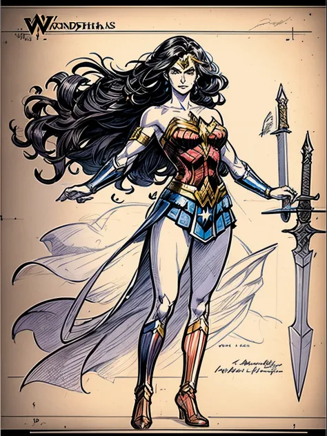 on old drawing of wonder woman showing a full body sketch of her and her weapons, colorless sketch on old paper, wonder woman, w...