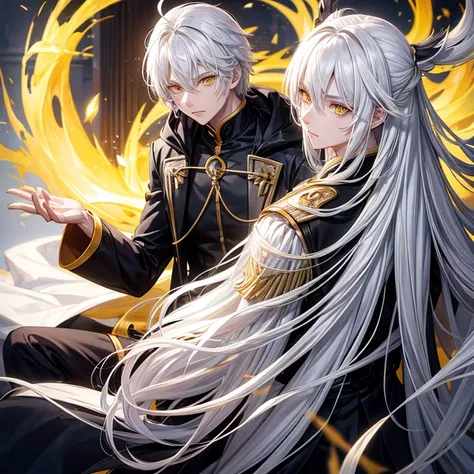 male character, medium-length, white hair, yellow eyes, black clothes