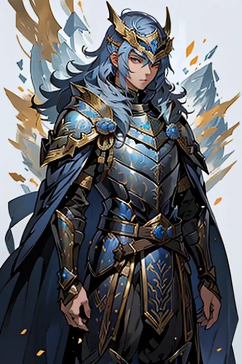 (best quality, ultra-detailed), anime art, blue plate armor, helmet adorned with three rows of small horn-shaped protrusions, golden inlays on the edges