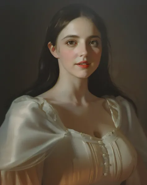 Theres a fair-skinned woman, em um vestido branco, posando para uma foto, sorriso discreto, inspirado em Godfried Schalcken, Retrato medieval, dramatic portrait, Ana de Armas como Joana DArc, fotografia de retrato fine art