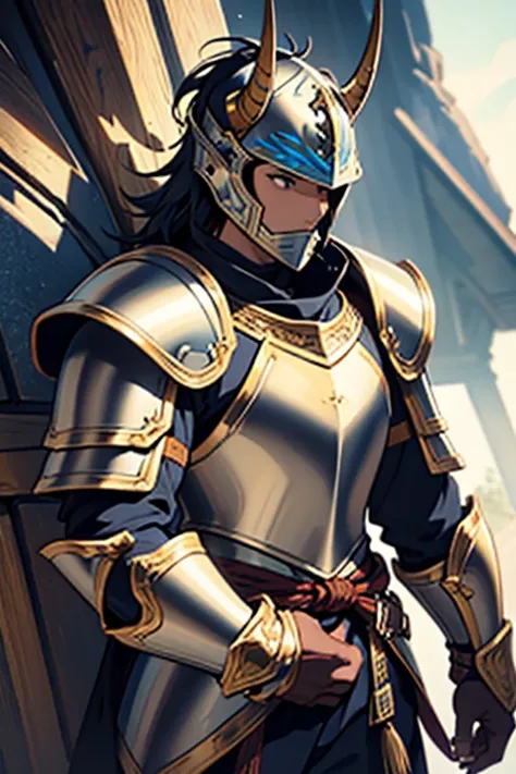 (best quality, ultra-detailed), anime art, blue plate armor, helmet adorned with three rows of small horn-shaped protrusions, golden inlays on the edges