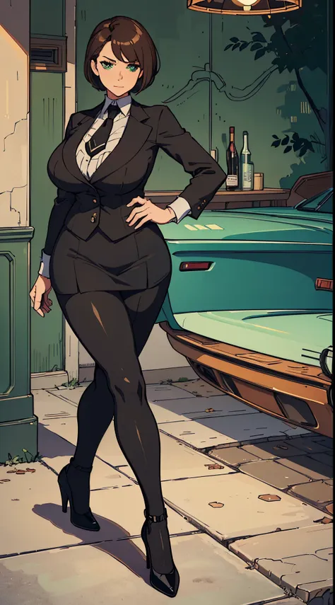 (best quality,4k,highres,ultra-detailed,realistic:1.2), milf, large hips, huge tits, short brown hair, green eyes, wearing black social suit,  tie, Short social skirt, black high heels,old woman, (1 old woman), idle pose, fullbody.