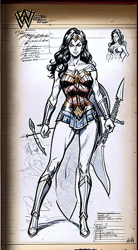 on old drawing of wonder woman showing a full body sketch of her and her weapons, colorless sketch on old paper, wonder woman, w...