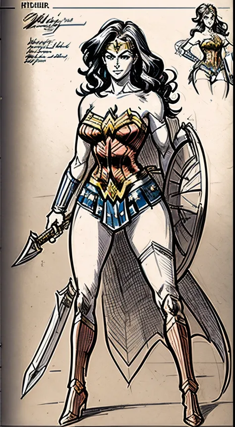 on old drawing of wonder woman showing a full body sketch of her and her weapons, colorless sketch on old paper, wonder woman, w...