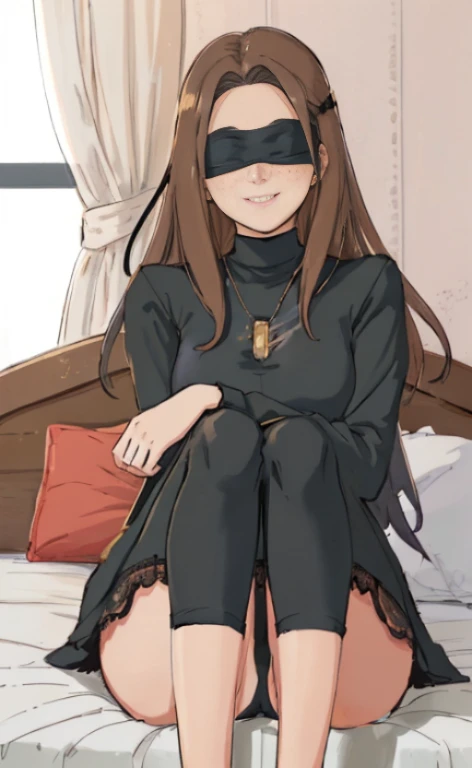 portrait of a 23 years old brunette woman wearing a black sleepmask as a blindfold and a black spaghetti top, black socks,  calm smile, freckles, sitting legs crossed in a bed.