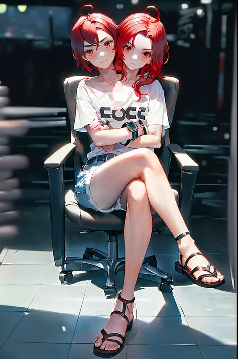 (2heads:1.5), (conjoined_dicephalus:1.5), 1boy, sitting, legs crossed, arms crossed, (messy short red hair:1.2), (feminine:1.1), white t-shirt, sandals, wristband, denim shorts