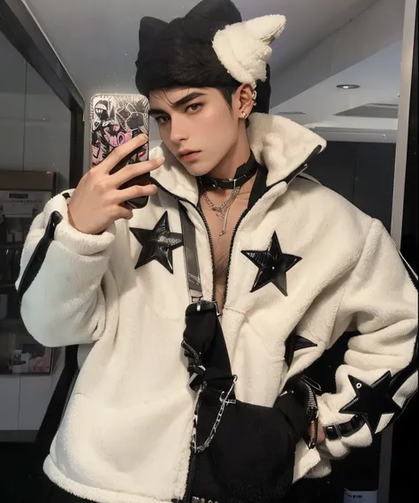 Arafed man in a white jacket taking a selfie in a mirror., Cai Xukun, 2 0 2 0 moda, Lil Peep, Blade de Drain Gang, Abrigo elegante para una rave, foto de perfil, Ulzzang masculino, very aesthetic leather jacket, Estrella de muerte, estilo de cinco estrella...