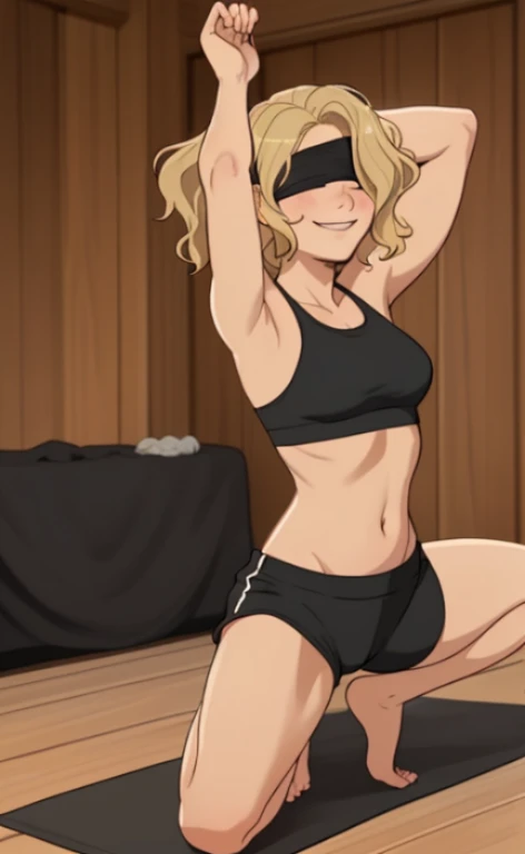 A beautiful blonde barefoot woman, with short wavy hair, wearing a black blindfold, a black sportsbra and sportsshorts, doing the yoga lotos pose, looking happy.