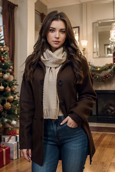 A Young-Adult Female With Long Brown Hair And Dark Blue Eyes. Unreal Engine, Cute, Dress, Seductively Looking Into The Camera, Realistic, Sexy, Attractive., Hyper Detailed, Hyperrealism, Radiant, woman in coat standing in front of a Christmas tree, A trend...