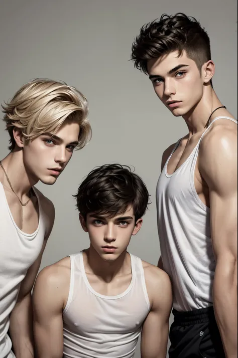 three 20 year old boys, twinks, they wear white tank tops, they are in fashion poses, fashion editorial, bust, the three are together, poses, fashion, photoshoot, faces, bust.