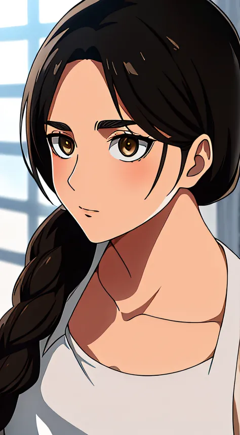 Camisa amarilla,escote, 鎖骨, mangas largas,Delantal blanco, cabello negro, brown eyes, flequillo, single braid, 1 girl in, 20yo,Mujer joven,hermoso cuerpo,Hermosa nariz,Beautiful character design, ojos perfectos, Cara perfecta,ojos expresivos, Mirando al es...