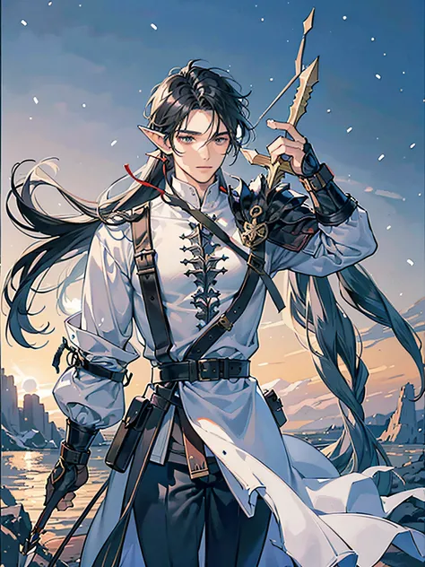 (masterpiece, best quality) adult 1 male elf, black hair, medium-length flowing hair, mature, aged up, gray eyes, hard look, leather armor wearing warm winter clothes, archer, quiver with arrows and a bow on his back, belts and straps, Middle Ages, winter,...