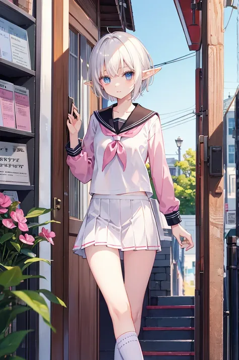 male elf, short white hair, slender, stuck in a pink girls sailor school uniform,