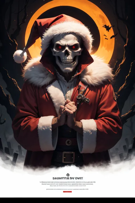 An advertisement featuring an illustration of a highly agitated and fierce Santa Claus with a happy yet crazy skull face. Hes wearing the traditional red Santa outfit with white fur trim. His skull face is realistic, with hollow eye sockets and a sinister,...