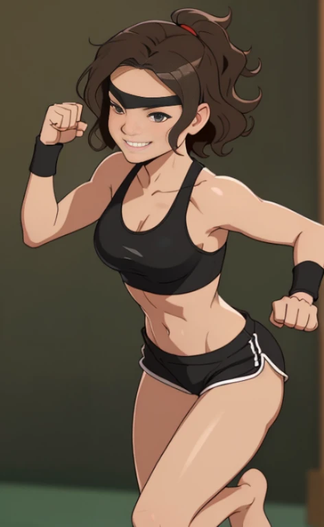 A beautiful brunette barefoot woman, with short wavy hair, wearing a black blindfold, a black sportsbra and sportsshorts, standing in a fist fighting pose, looking happy.