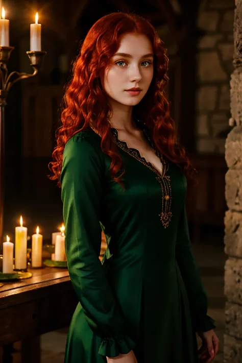 fair complexion, woman around 19 years old, natural curly red hair, distinctive green eyes, wearing kohl, slender and graceful, beautiful, candlelight in a medieval setting, ultra sharp focus, realistic shot, medieval female red clothes, tetradic colors