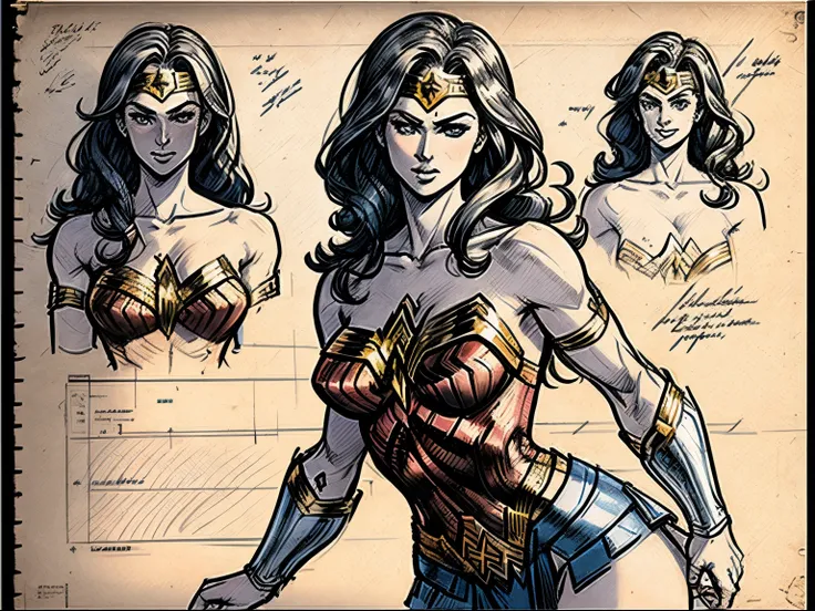 On old sketch of wonder woman showing a single full body nude sketch, exposed breast, close up sketch of her face in the corner, colorless sketch on old paper, wonder woman, weapon skethes, drawn like an old manuscript, faded sketch, worn page edges