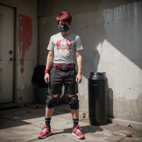 style of danganronpa A boy with a red, medium-fade haircut, a gray respirator, a belt with spray paint cans on it, a red t-shirt, and black shorts and shoes