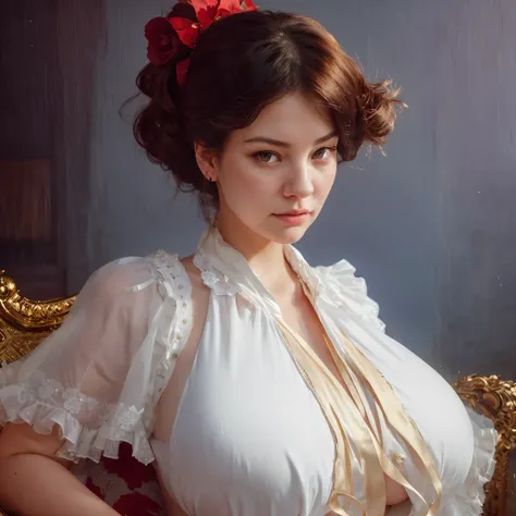 15 years old liv tyler with very huge boobs in a white dress sitting on a gold chair, beautiful character photo, guweiz, guweiz masterpiece,   in the style of guweiz. 8k illustration, beautiful alluring   woman, like photo, inspired by Fenghua Zhong, style...