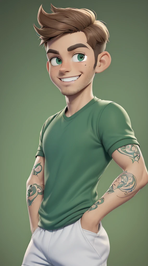 (best qulity, 8k, highres, masterpiece:1.2), cartoon style, portrait, half body, 25 year old athletic man, brown short hair, charming smile, tattoo, green eyes, looking at the camera, wearing tennis sportswear