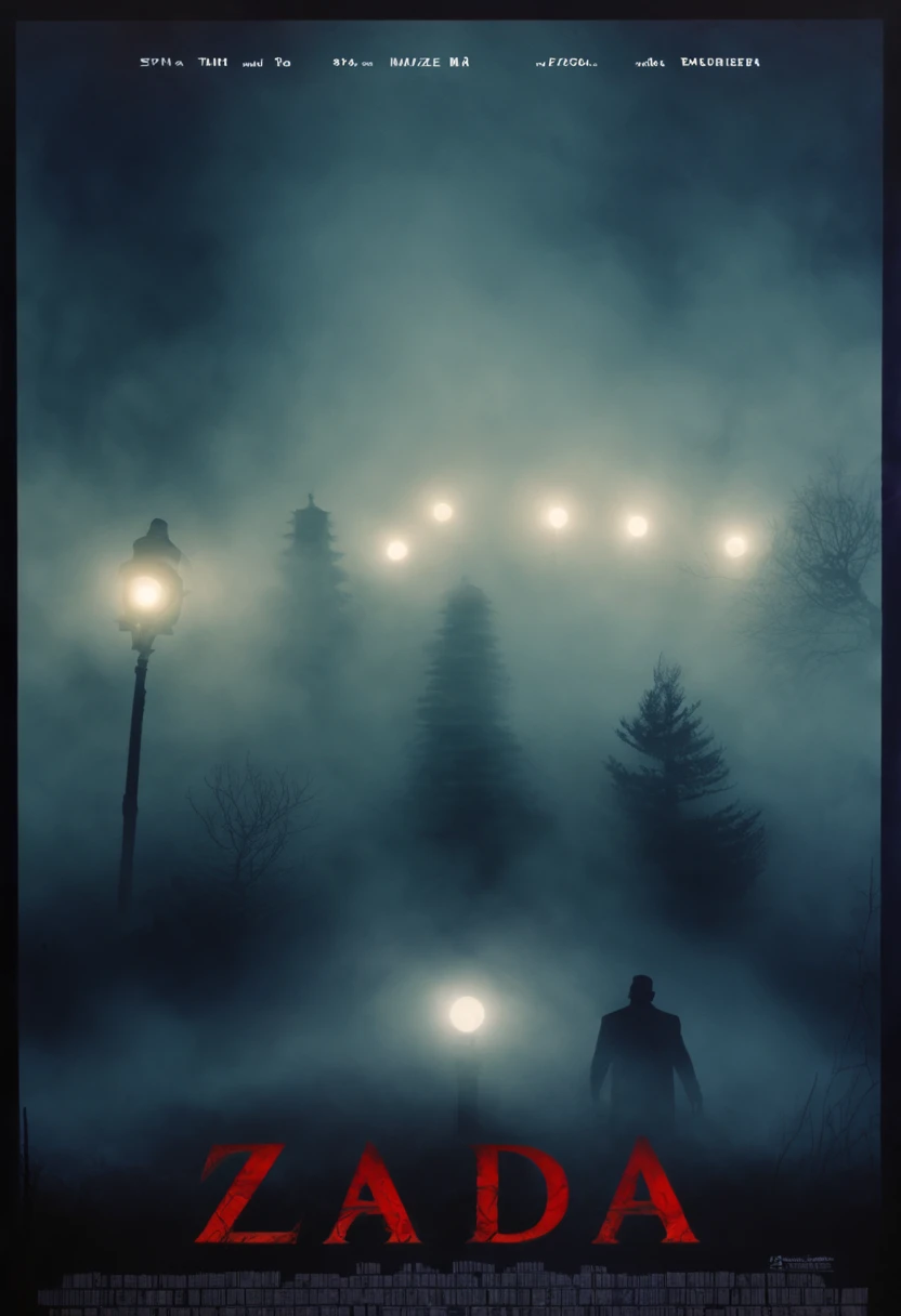 "Zada "  movie poster made of fog, mystery, haze, lights, horror atmosphere