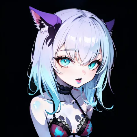 (Ahegao) CYAN hair Girl,Wear black lingerie,bright purple lips,Detailed eyes and face,Long loose CYAN hair,standing in a dark room,Soft lighting,vivid colors,Artistic portrait,High resolution. (SNFW)