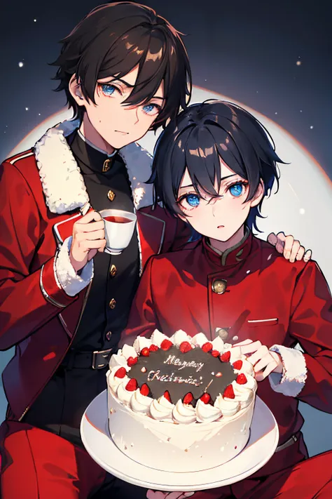 male people　A dark-haired　blue eyess　Red coat　Sweaters　Black slacks　long boots　Christmas　cake and tea　​masterpiece　Top image quality　denoise　Clear 　cinematic shadow　Increased attractiveness of the eyes　Clear the shine of the eyes　Draw eyelashes neatly　Perf...