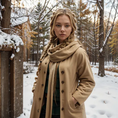 show me a 21 year old girl, blonde hair in braids, athletic build, dressed in fall clothes on a nature walk with evergreens in the snow, wearing a furry coat and a scarf, she looks like a mix between angelina jolie and scarlett johanssen