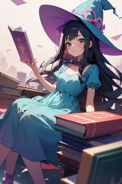 (RAW photo: 1.2), ((masterpiece)), (top-quality), 1girl, cute teenage girl, (small breast), kawaii witch, wonder land, kawaii dress, sitting, floating books, kawaii dynamic effect